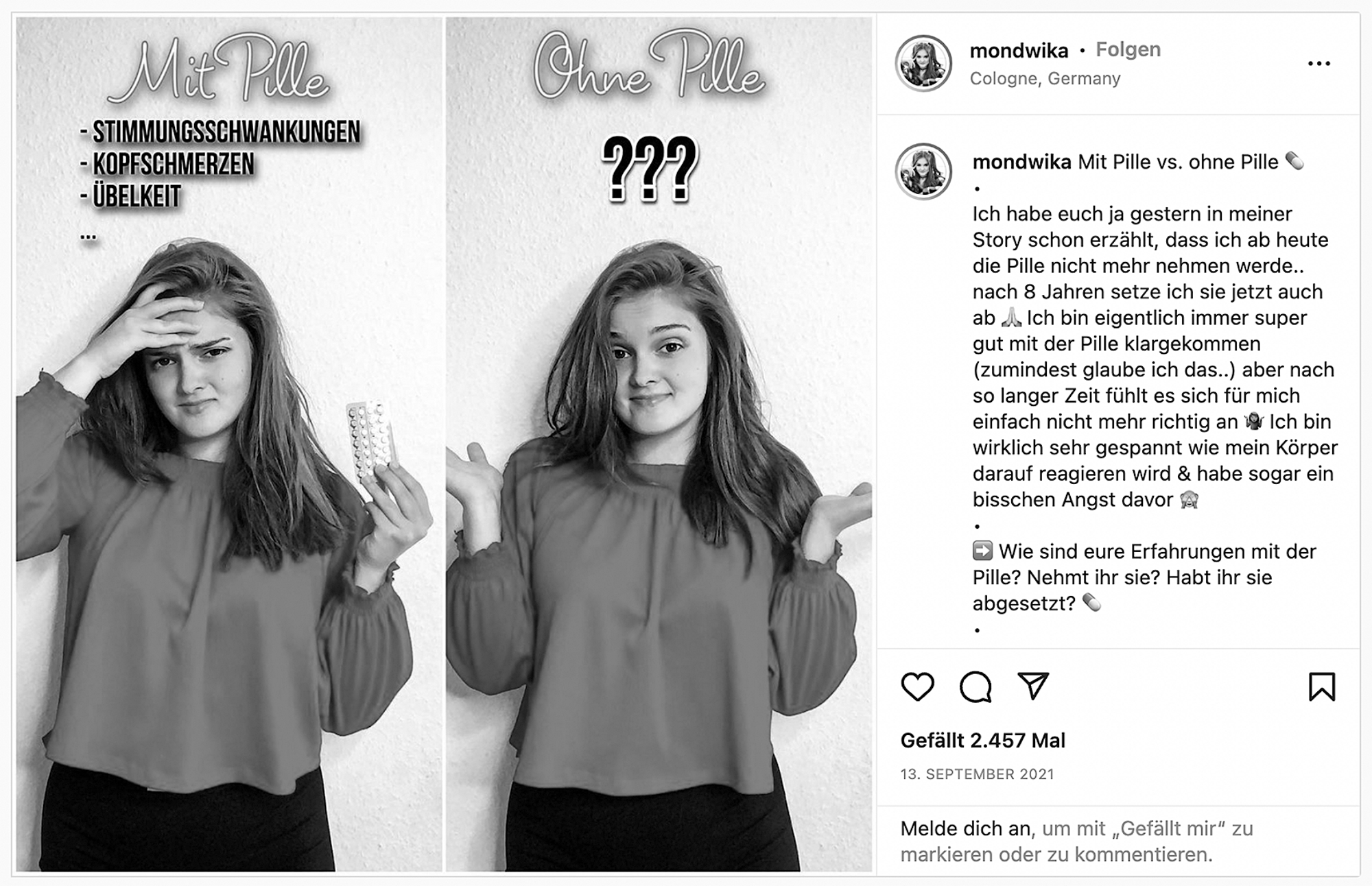 Abbildung 2 zeigt den Instagram-Beitrag „Mit Pille vs. ohne Pille“ der Influencerin „mondwika“. Im Foto stellt sie sich belastet mit Pille und befreit, aber fragend ohne Pille dar.