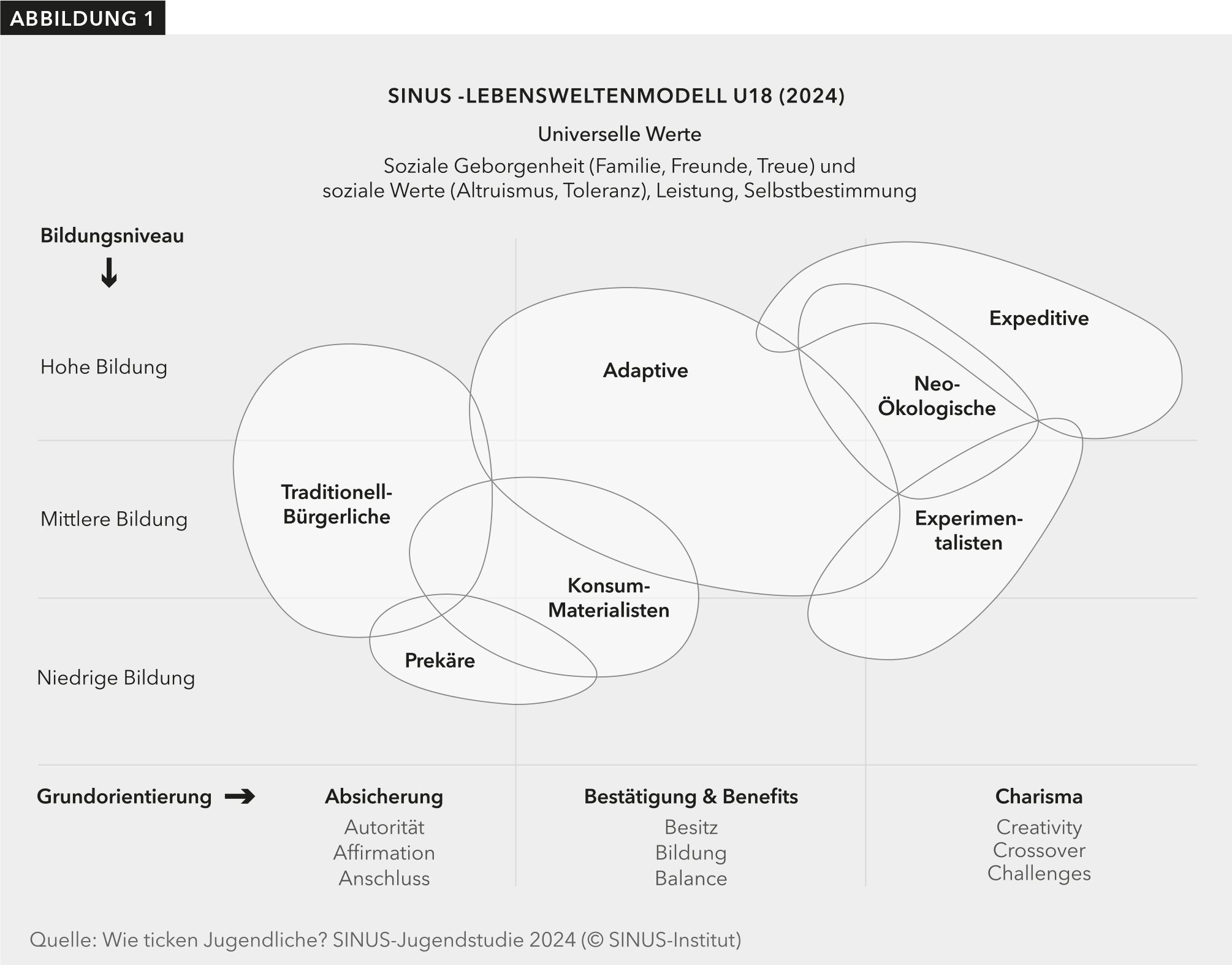 Welche Lebenswelten Jugendlicher es 2024 gibt, zeigt diese Grafik, die aus Werthaltungen und Bildungsniveau diverse Milieus definiert.  