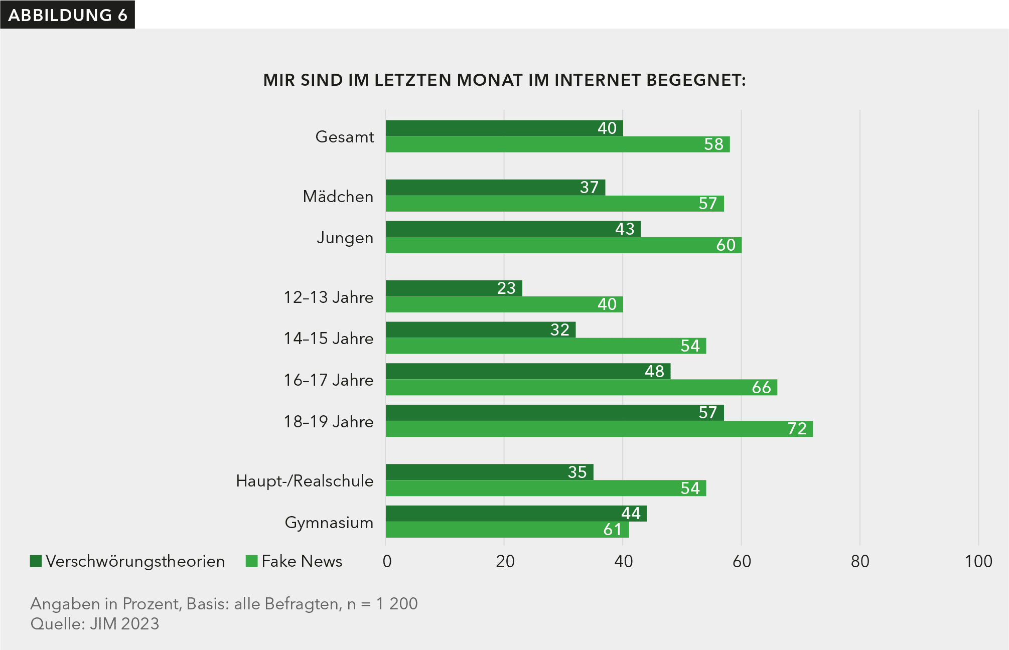 Das Balkendiagramm zeigt verschiedene negative Dinge, mit welchen man im Internet konfrontiert werden kann und jeweils den Anteil an Jugendlichen, die diesen im letzten Monat begegnet sind für die Jahre 2023. Basis bilden alle 1200 Befragten. Das Diagramm differenziert nach Geschlecht, Altersgruppe und Schulzugehörigkeit. Zur Auswahl standen die Phänomene „Fake News“, „Verschwörungstheorien“. Eine Mehrfachnennung war möglich. Insgesamt sind 58 % der Befragten im Vormonat Fake News im Internet begegnet und 40 %. Bei den Jungen gaben 60 % an, Fake News begegnet zu sein, 43 % sind Verschwörungstheorien begegnet. Bei den Mädchen gaben 57% an, im Vormonat Fake News begegnet zu sein, 37% sind Verschwörungstheorien und 39 % extremen politischen Ansichten begegnet. Bei den 12-13-Jährigen gaben 40 % an, im Vormonat Fake News begegnet zu sein und 23% sind Verschwörungstheorien begegnet. In der Altersgruppe der 14-15-Jährigen gaben 54 % an, Fake News begegnet zu sein und 32 % Verschwörungstheorien. Bei den 16-17-Jährigen sind 66 % im Vormonat Fake News begegnet und 48 % Verschwörungstheorien. In der Altersgruppe der 18-19-Jährigen sind im Vormonat 72 % Fake News und 57% Verschwörungstheorien. 61 % der Befragten, die das Gymnasium besuchen, sind im Vormonat Fake News begegnet und 44 % Verschwörungstheorien. Von den Befragten der Haupt-/Realschule sind im letzten Monat 54 % Fake News und 35 % Verschwörungstheorien begegnet.