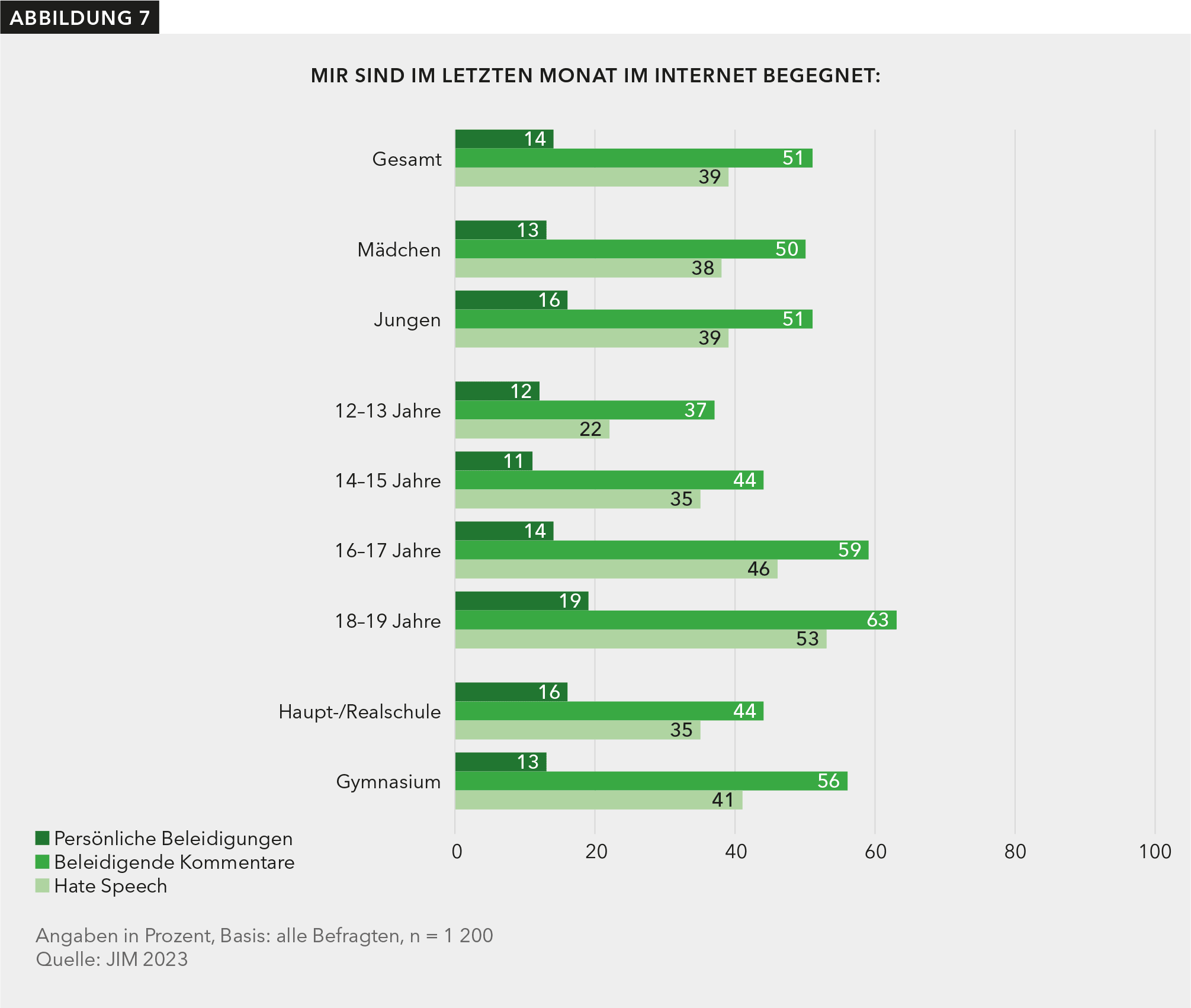 Das Balkendiagramm zeigt verschiedene negative Dinge, mit welchen man im Internet konfrontiert werden kann und jeweils den Anteil an Jugendlichen, die diesen im letzten Monat begegnet sind für die Jahre 2023. Basis bilden alle 1200 Befragten. Das Diagramm differenziert nach Geschlecht, Altersgruppe und Schulzugehörigkeit. Zur Auswahl standen die Phänomene Hate Speech, beleidigende Kommentare und persönliche Beleidigungen. Eine Mehrfachnennung war möglich. Insgesamt sind 39 % der Befragten im Vormonat Hate Speech, 51% beleidigenden Kommentaren und 14% persönlichen Beleidigungen im Internet begegnet. Bei den Jungen begegneten 39 % Hate Speech, 51% beleidigenden Kommentaren und 16% persönlichen Beleidigungen. 38 % der Mädchen gaben an, im Vormonat Hate Speech im Internet begegnet zu sein, 50 % sind beleidigenden Kommentaren und 13 % persönlichen Beleidigungen begegnet. Bei den 12-13-Jährigen gaben 22 % an, im Vormonat Hate Speech begegnet zu sein, 37 % sind beleidigenden Kommentaren und 12 % persönlichen Beleidigungen begegnet.  In der Altersgruppe der 14-15-Jährigen begegneten 35 % Hate Speech, 44 % beleidigenden Kommentaren und 11 % persönlichen Beleidigungen. Bei den 16-17-Jährigen sind 46 % Hate Speech, 59 % beleidigenden Kommentaren und 14 % persönlichen Beleidigungen begegnet.  In der Altersgruppe der 18-19-Jährigen sind im Vormonat 53 % Hate Speech, 63 % beleidigenden Kommentaren und 19 % persönlichen Beleidigungen begegnet. 41% der Befragten, die das Gymnasium besuchen, sind im Vormonat Hate Speech begegnet, 56 % beleidigenden Kommentaren und 13 % persönlichen Beleidigungen. Von den Befragten der Haupt-/Realschule sind im letzten Monat 35 % Hate Speech, 44 % beleidigenden Kommentaren und 16 % persönlichen Beleidigungen begegnet.